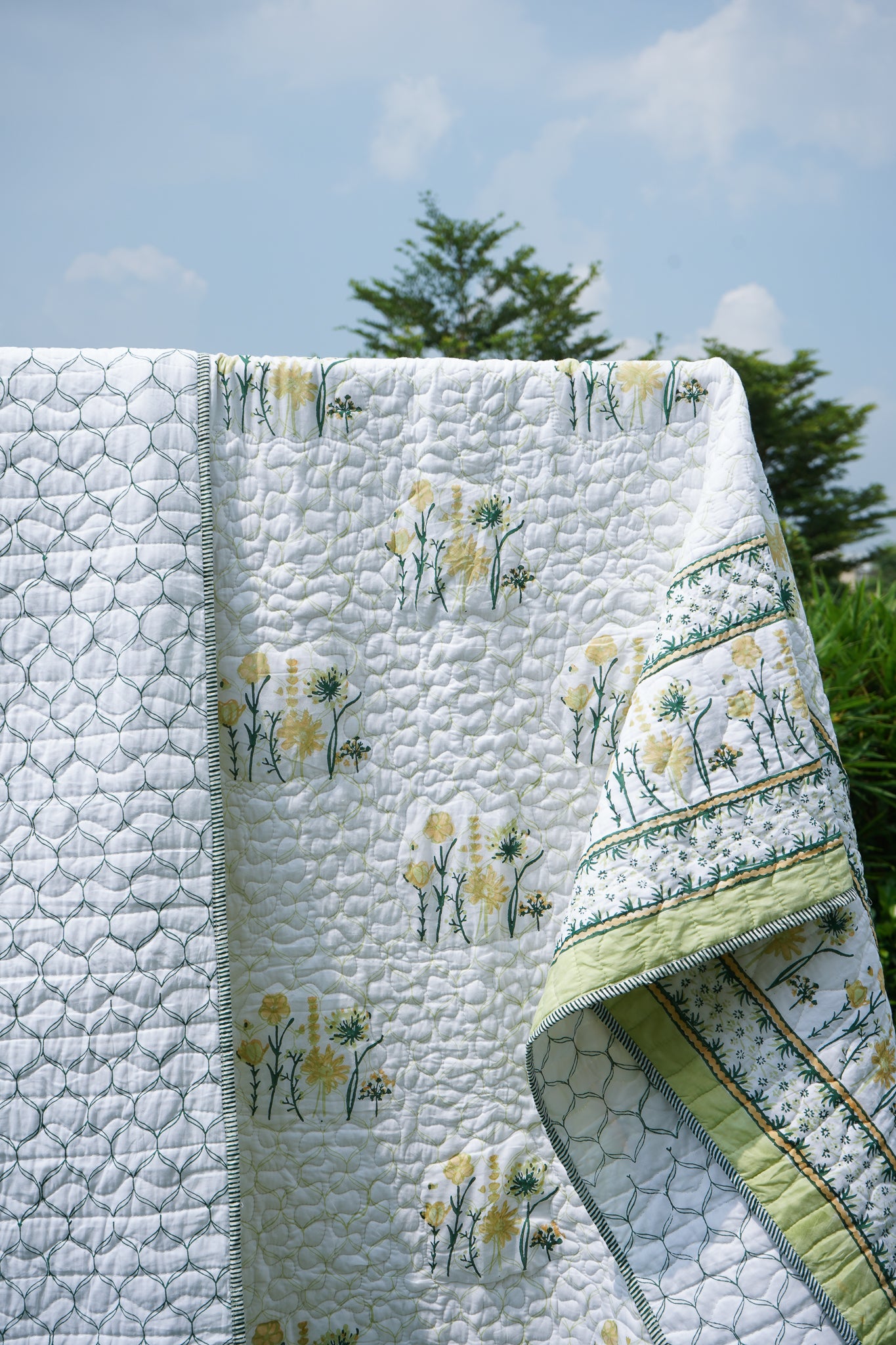 Green parrot and yellow blooming flowers mulmul quilt