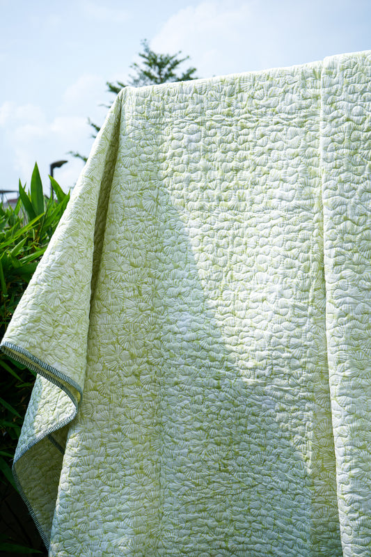 Lime green small lines leaves jaal mulmul quilt