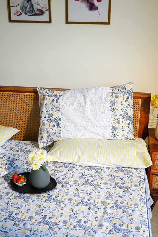 Blue grey and yellow kamal phool fitted bedsheet set (floral jaal)