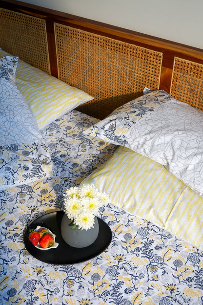 Blue grey and yellow kamal phool fitted bedsheet set (floral jaal)