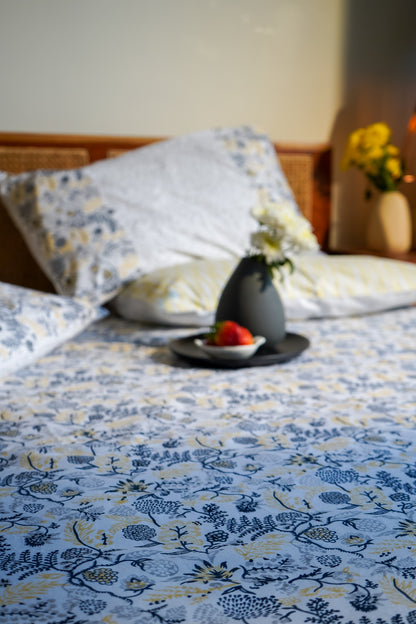 Blue grey and yellow kamal phool fitted bedsheet set (floral jaal)