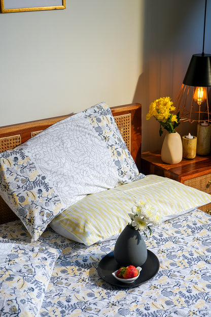 Blue grey and yellow kamal phool fitted bedsheet set (floral jaal)