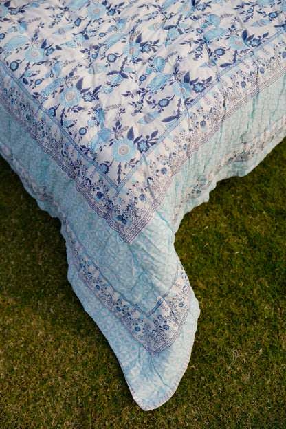 Blue and grey phal aur phool mulmul quilt - NAMYA LIVING