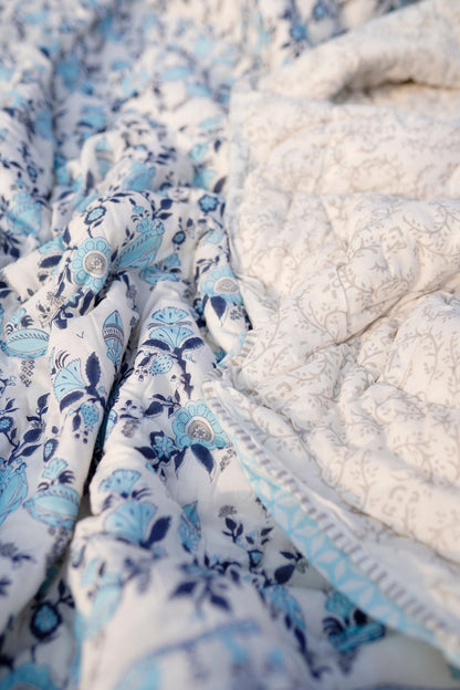 Blue and grey phal aur phool mulmul quilt - NAMYA LIVING