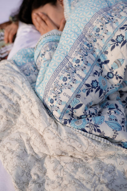 Blue and grey phal aur phool mulmul quilt - NAMYA LIVING