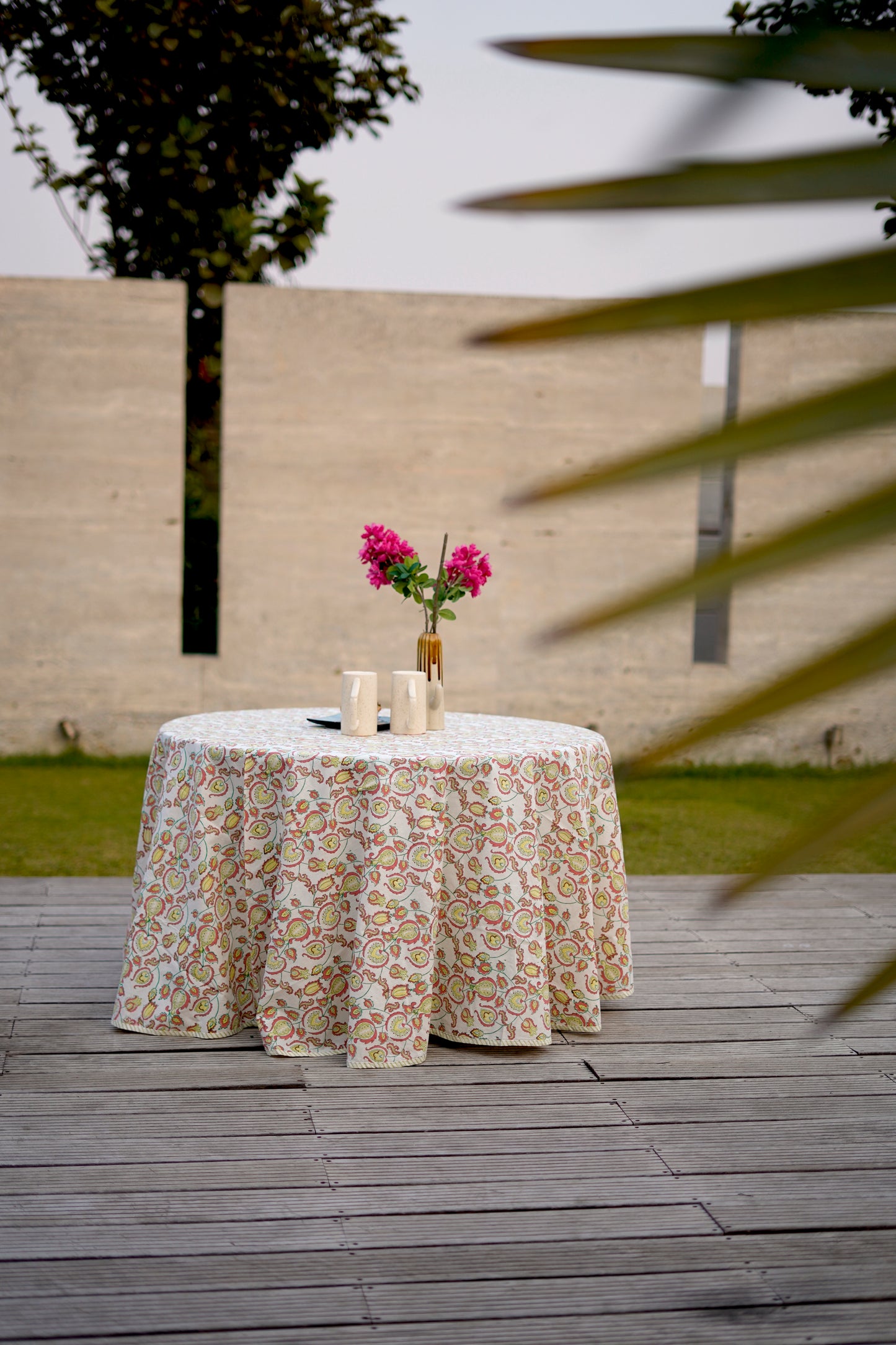 Peach yellow and parrot arabic motif round table cover